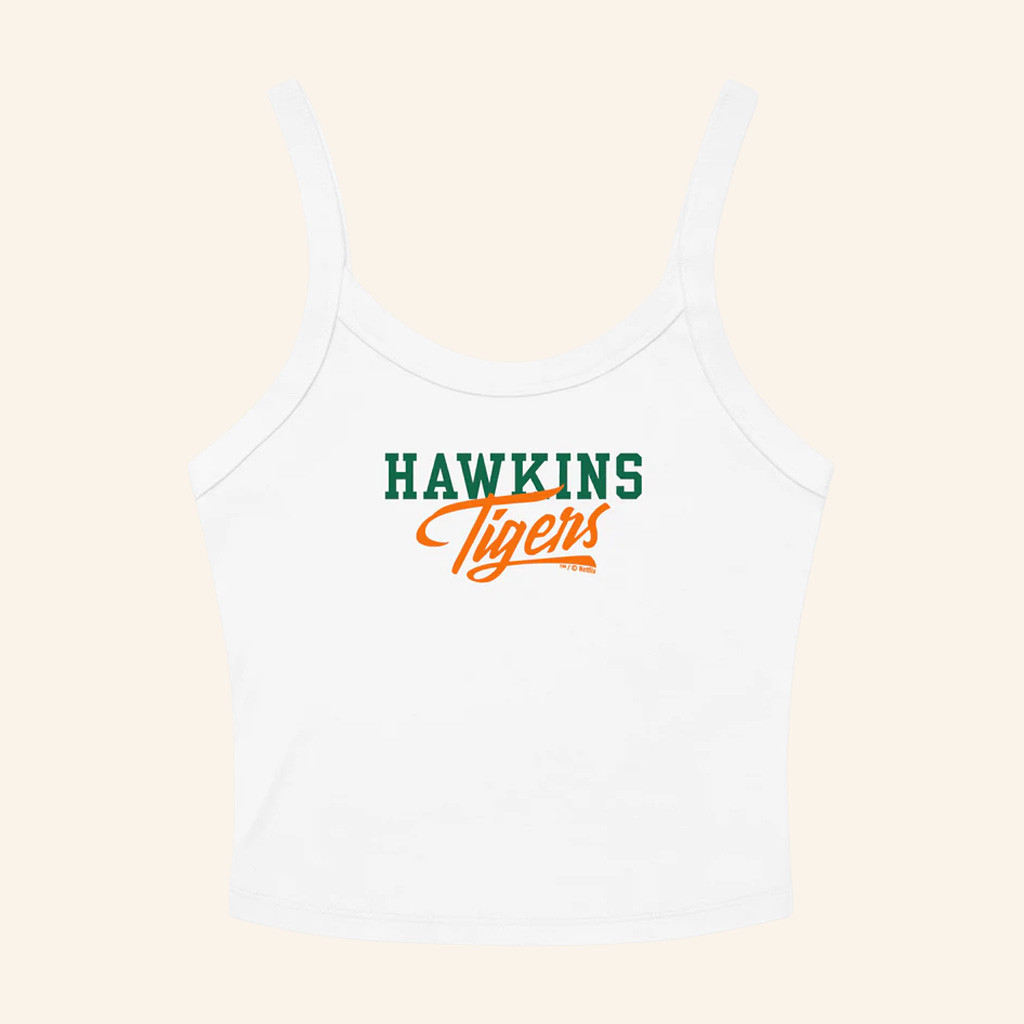 Stranger Things Merch Stranger Things Hawkins High Tigers Women's Micro Rib Tank Top White Stranger Things Merch Stranger Things Hawkins High Tigers Women's Micro Rib Tank Top White