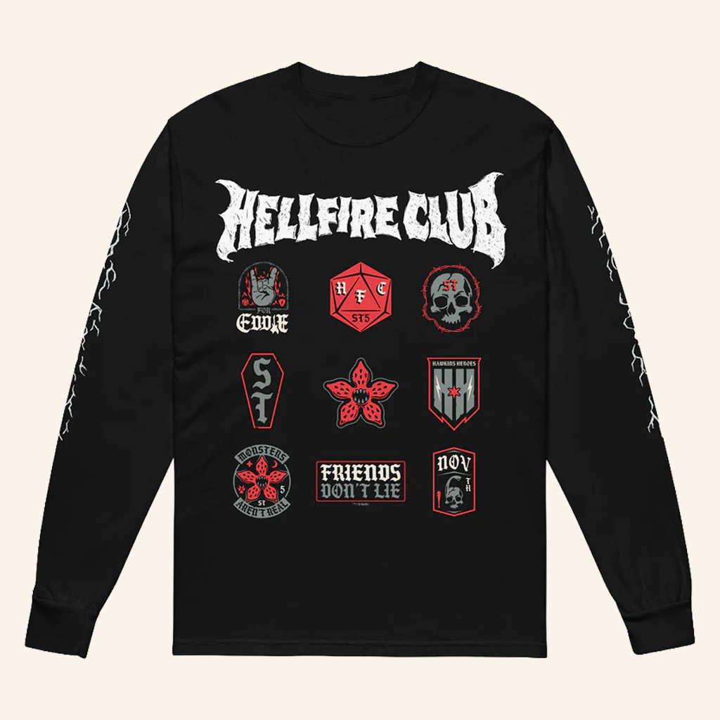 Stranger Things Merch Stranger Things Long Sleeve T-Shirt Hellfire Club Badges Shirt Gifts Stranger Things Merch Stranger Things Long Sleeve T-Shirt Hellfire Club Badges Shirt Gifts