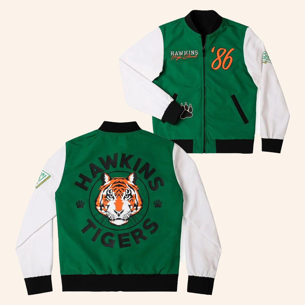 Stranger Things Merch Stranger Things x RSVLTS Hawkins Tigers Bomber Jacket Husband Gifts