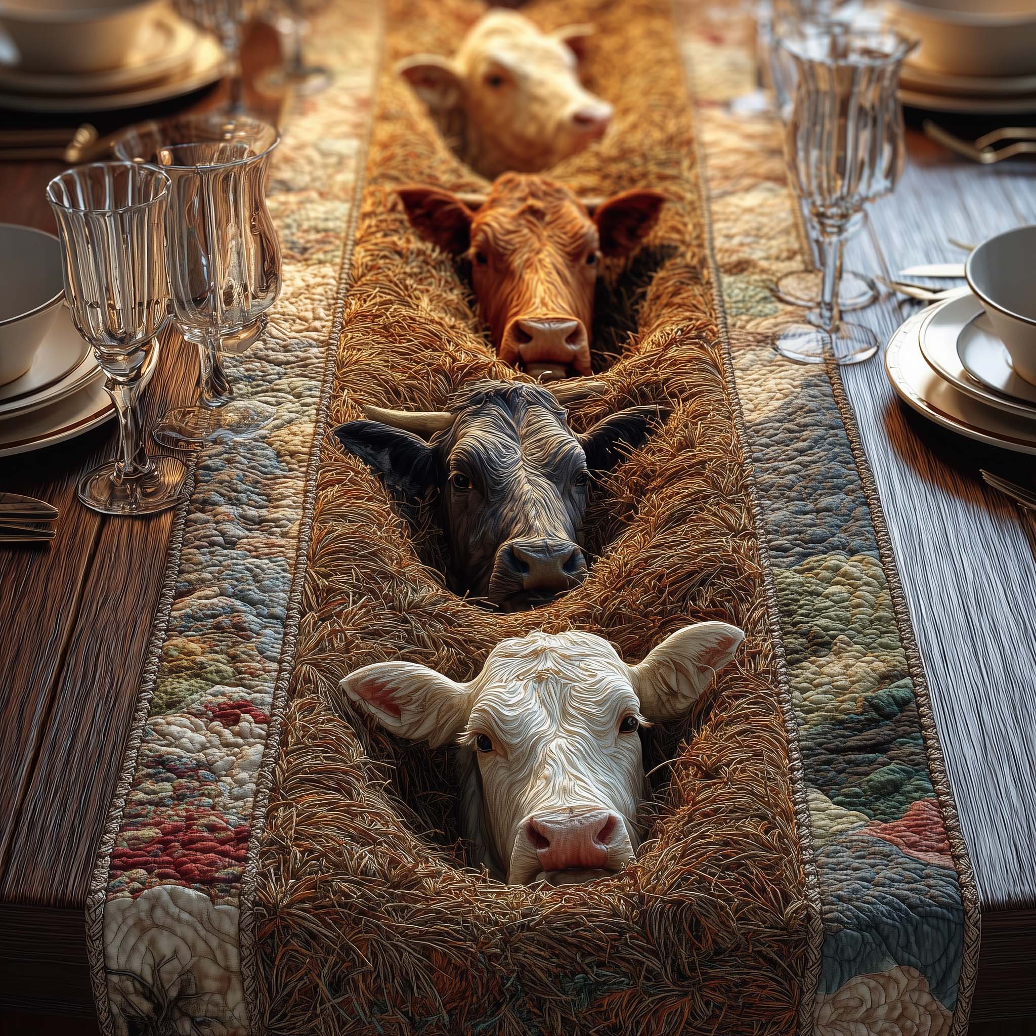 Straw Cows Quilted Table Runner Farmhouse Dining Room Decor Gift For Home
