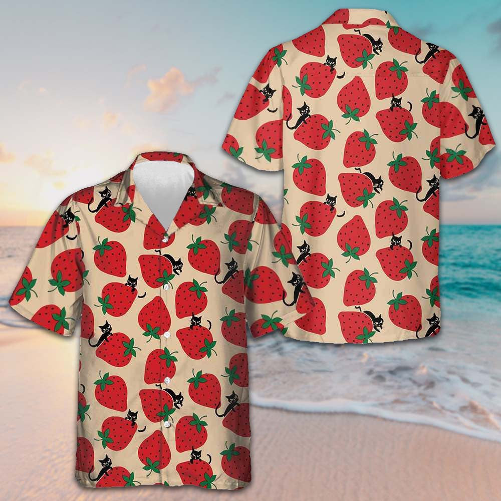 Strawberry And Cat Seamless Pattern Hawaiian Shirt Beach Button Up Shirts Mens Gift