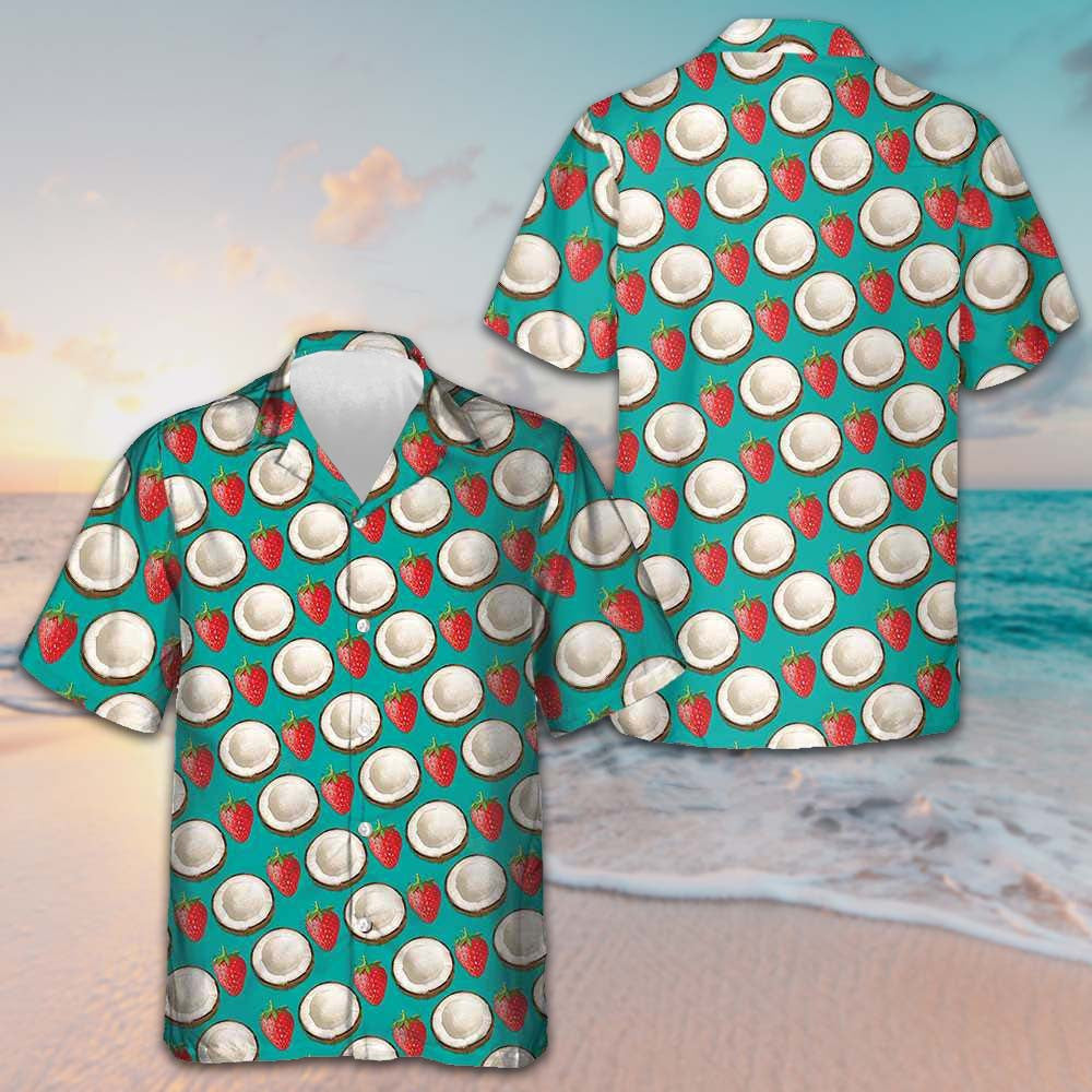 Strawberry And Coconut Pattern Hawaiian Shirt Button Up Beach Shirts Mens Gift Ideas
