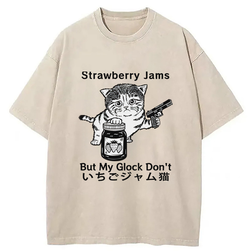 Strawberry Jam Cat Washed T-Shirt Retro Humor Outfit Idea Gifts For Friends
