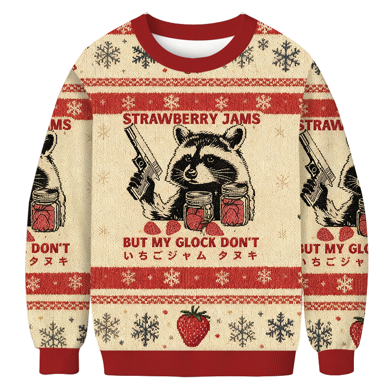 Strawberry Jams Glock Funny Raccoon Christmas Ugly Sweatshirt Holiday Season Gag Gift Top