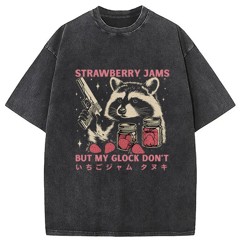 Strawberry Jams Glock Funny Raccoon Washed T-Shirt Casual Vintage Everyday Look Gifts For Friends