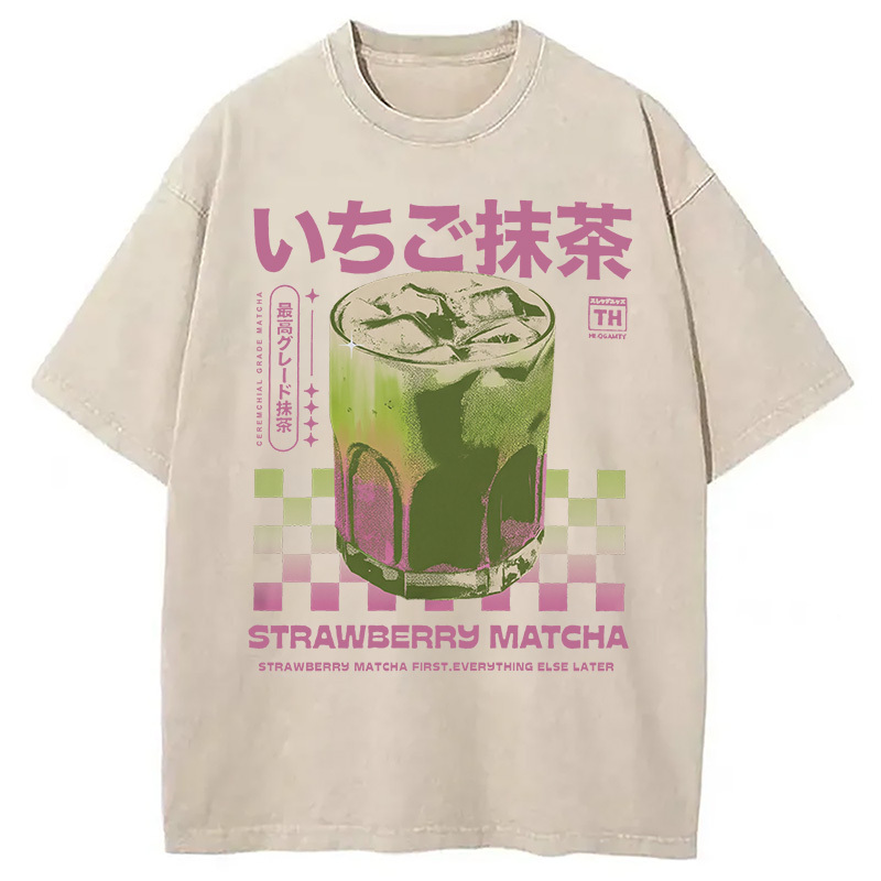 Strawberry Matcha Drink Washed T-Shirt Minimal Retro Graphic Clothing Gifts For Him