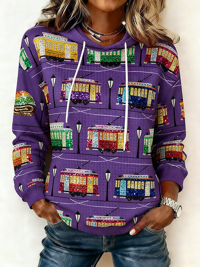 Street Cars Mardi Gras Waffle Hoodie Women's Mardi Gras Apparel Fat Tuesday Hoodie Mom Gifts