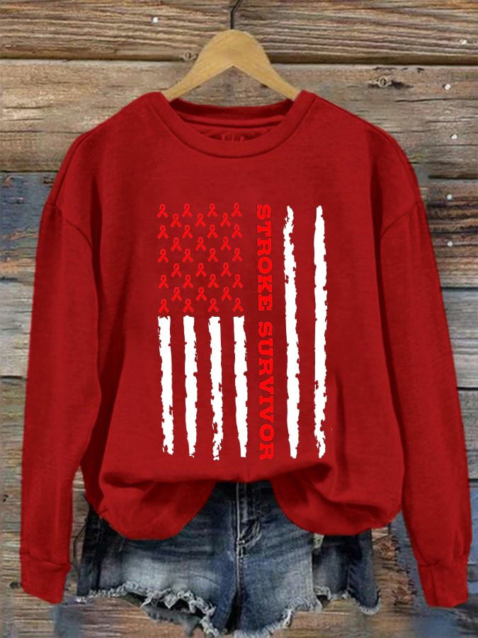 Stroke Awareness American Flag Sweatshirt In May We Wear Red Clothing Line
