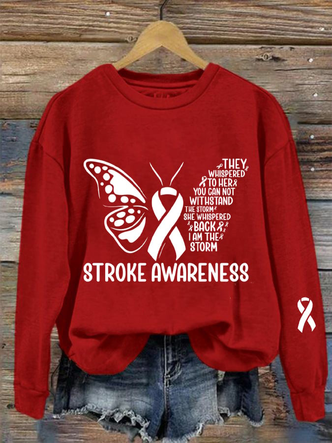 Stroke Awareness Butterfly Sweatshirt In May We Wear Red Clothing Great Gift For Her