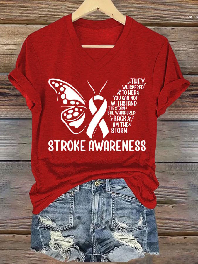 Stroke Awareness Butterfly V-Neck Shirt In May We Wear Red Shirt Great Gift For Her