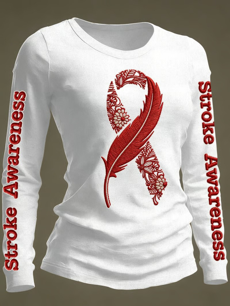 Stroke Awareness Floral Feather Ribbon Long Sleeve Shirt Survivor Support Apparel Best Gift For Fans
