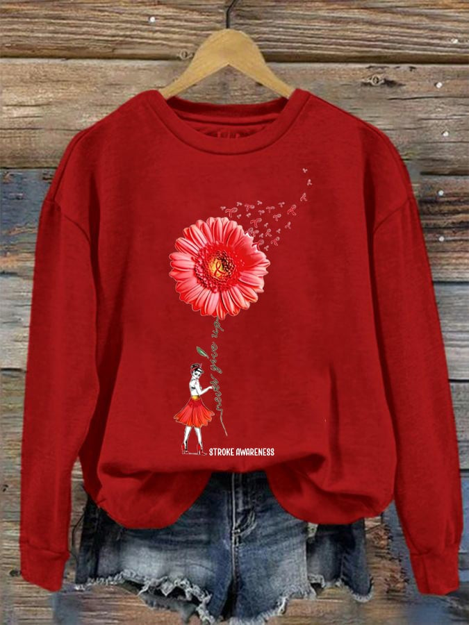 Stroke Awareness Never Give Up Red Ribbon Sweatshirt Stroke Awareness Apparel Gift Idea For Her