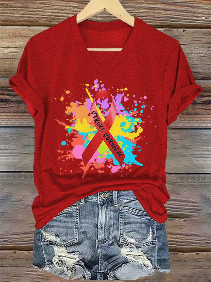 Stroke Awareness Red Ribbon V-Neck Shirt In May We Wear Red Shirt Unique Gift For Sister
