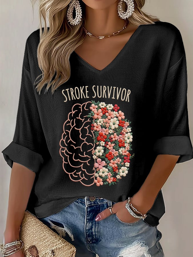 Stroke Awareness Stroke Survivor V-Neck Long Sleeve Shirt In May We Wear Red Merch Gift For Mother