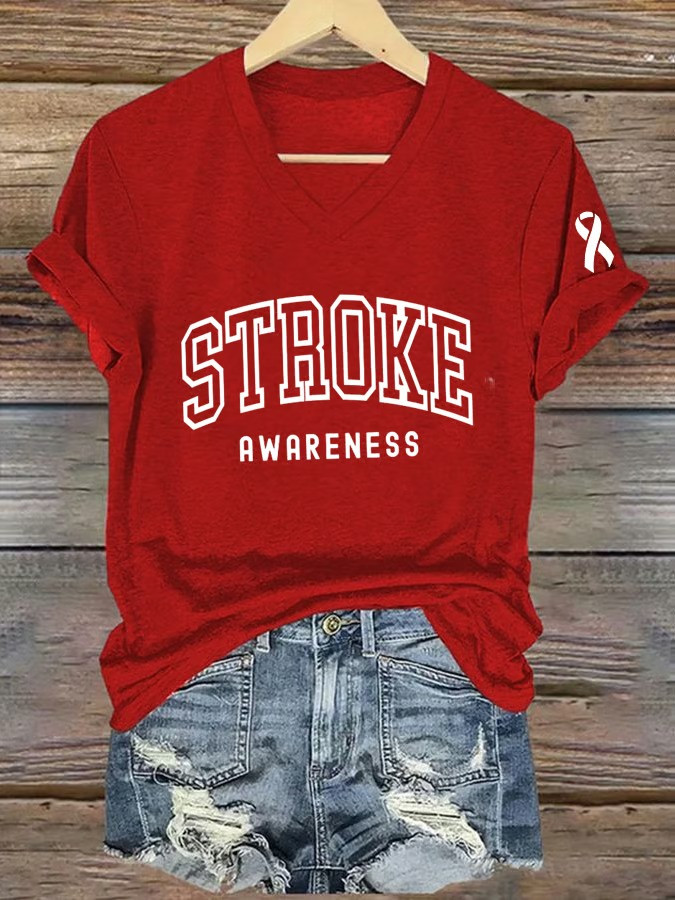 Stroke Awareness V-Neck T-Shirt Bold Collegiate Style Survivor Apparel Ribbon Best Gift For Supporters