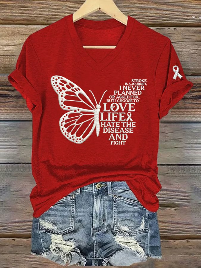 Stroke Is A Journey I Choose To Love Life V-Neck T-Shirt Butterfly Awareness Ribbon Gift For Fighters