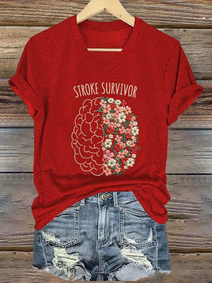 Stroke Survivor Floral Brain V-Neck T-Shirt Awareness Apparel Brain Hope Best Gift For Stroke Warriors