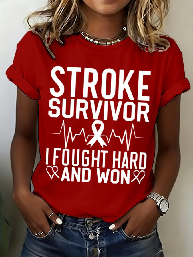 Stroke Survivor I Fought Hard And Won T-Shirt Heartbeat Ribbon Awareness Best Gift For Survivors