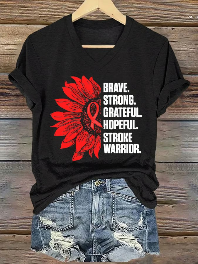 Stroke Warrior Brave Strong Grateful Hopeful V-Neck T-Shirt Sunflower Ribbon Best Gift For Fighters