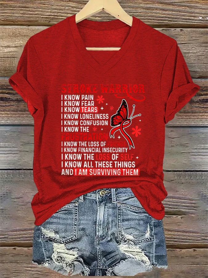 Stroke Warrior I Know Pain I Am Surviving Them V-Neck T-Shirt Butterfly Ribbon Best Gift For Fighters