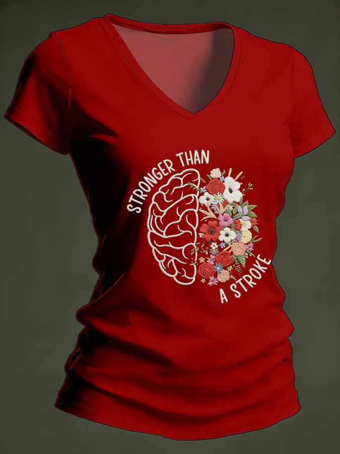 Stronger Than A Stroke V-Neck T-Shirt Floral Brain Awareness Apparel Best Gift For Stroke Survivors
