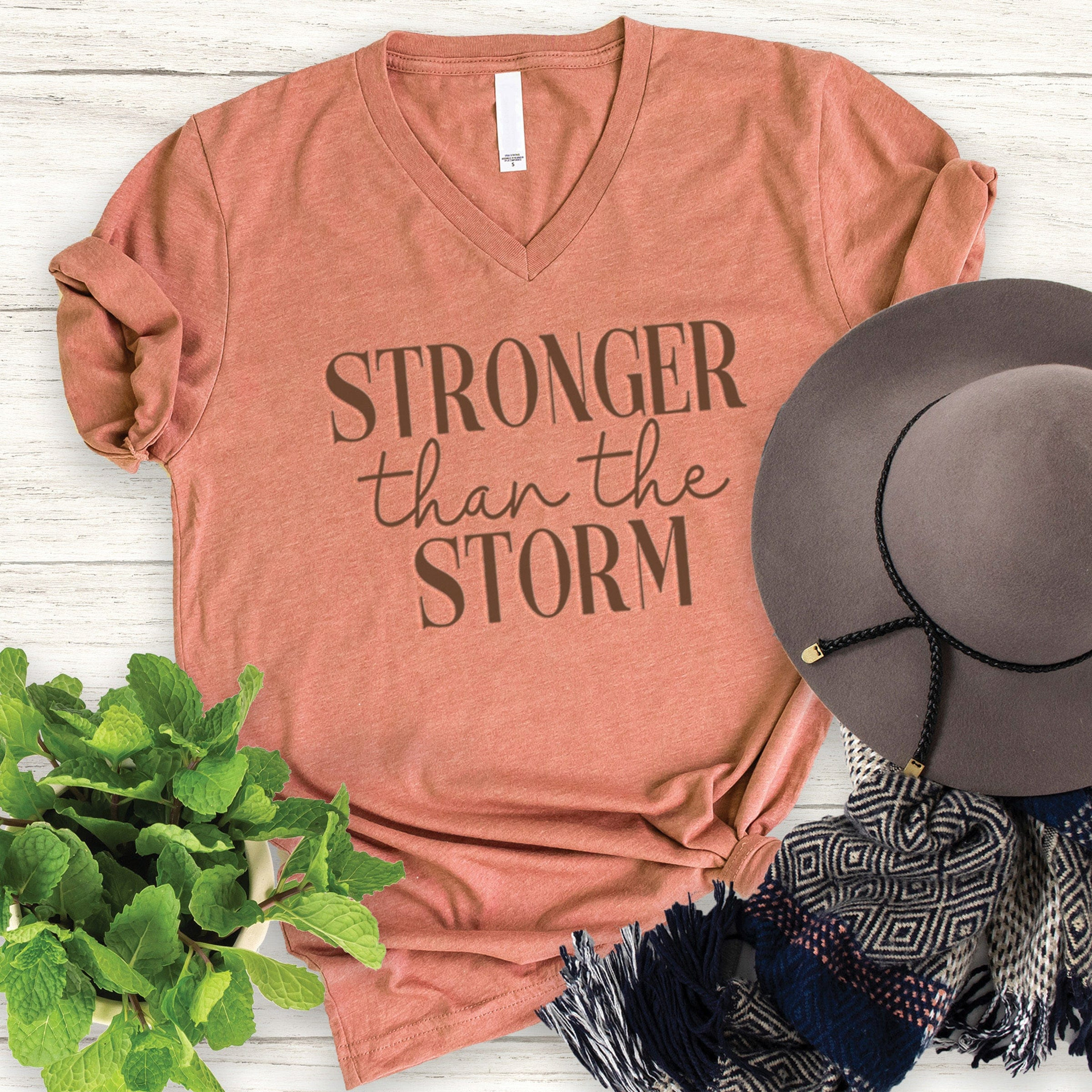 Stronger Than The Storm Christian V-Neck Faith Shirt Religious Gifts Women Apparel