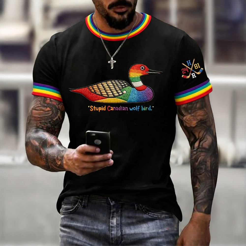 Stupid Canadian Wold Bird Rainbow Graphic T-Shirt Heated Rivalry Clothes Hockey Gift For Men