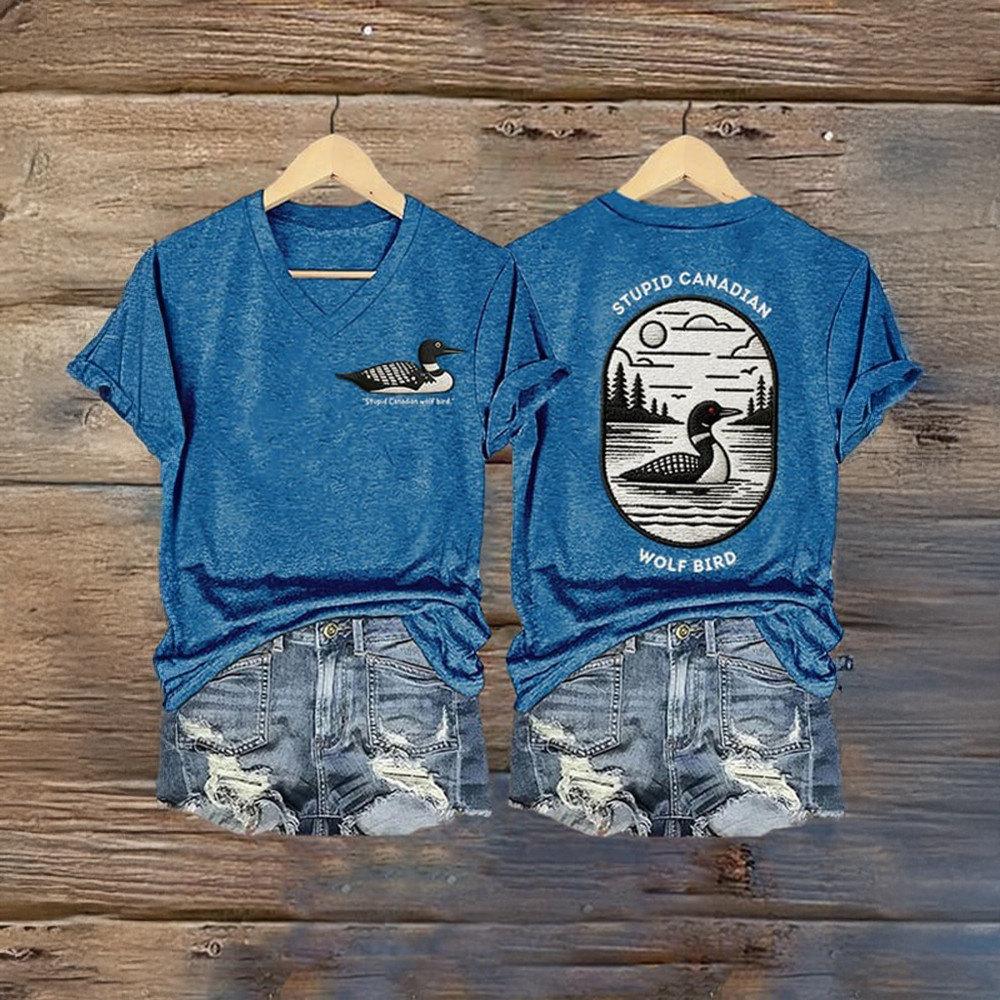 Stupid Canadian Wolf Bird Heated Rivalry V-Neck Shirt Hockey Clothes Gift For Girlfriend