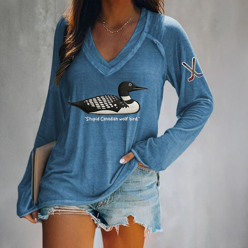 Stupid Canadian Wolf Bird Hockey V-Neck Long Sleeve Shirt Heated Rivalry Apparel Gift For Her