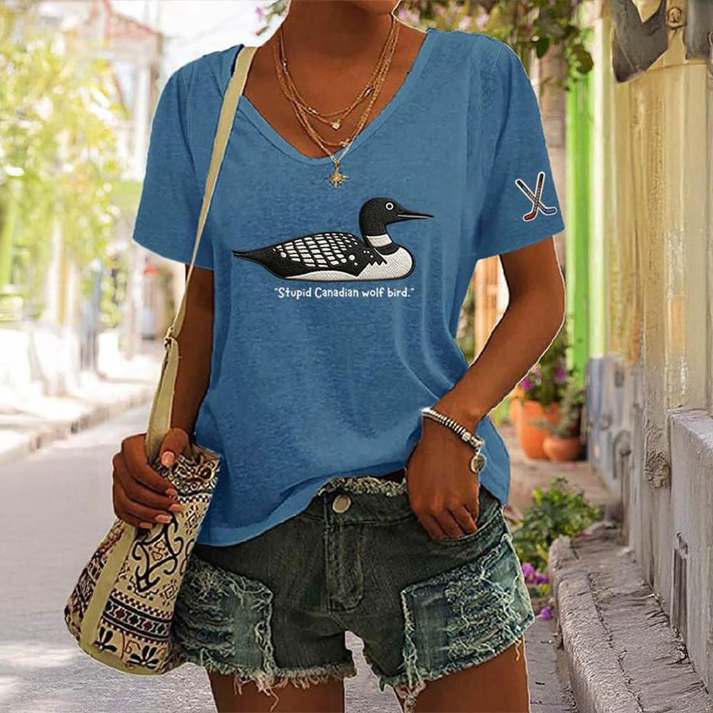 Stupid Canadian Wolf Bird Hockey V-Neck Shirt Heated Rivalry Clothes Best Gift For Fans