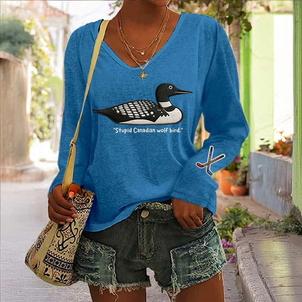 Stupid Canadian Wolf Bird V-Neck Long Sleeve Shirt Heated Rivalry Apparel Fan Gifts