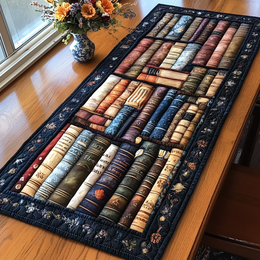 Stylish Bookshelf Quilted Table Runner Kitchen Table Decor Christmas Gifts For Book Lovers