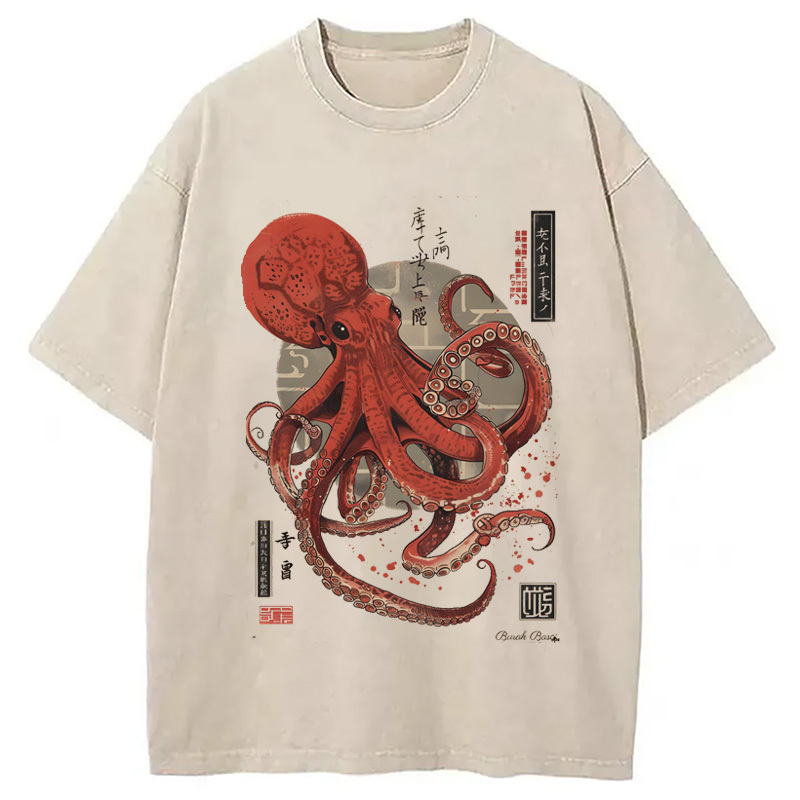Stylized Japanese Octopus Washed T-Shirt Trendy Everyday Casual Outfit Gifts For Best Friend