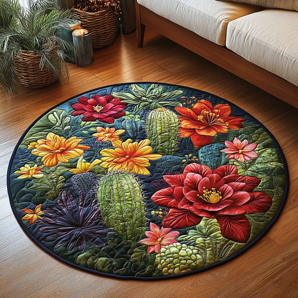 Succulent Harmony Quilted Round Mat Home Front Door Design Cactus Themed Gifts