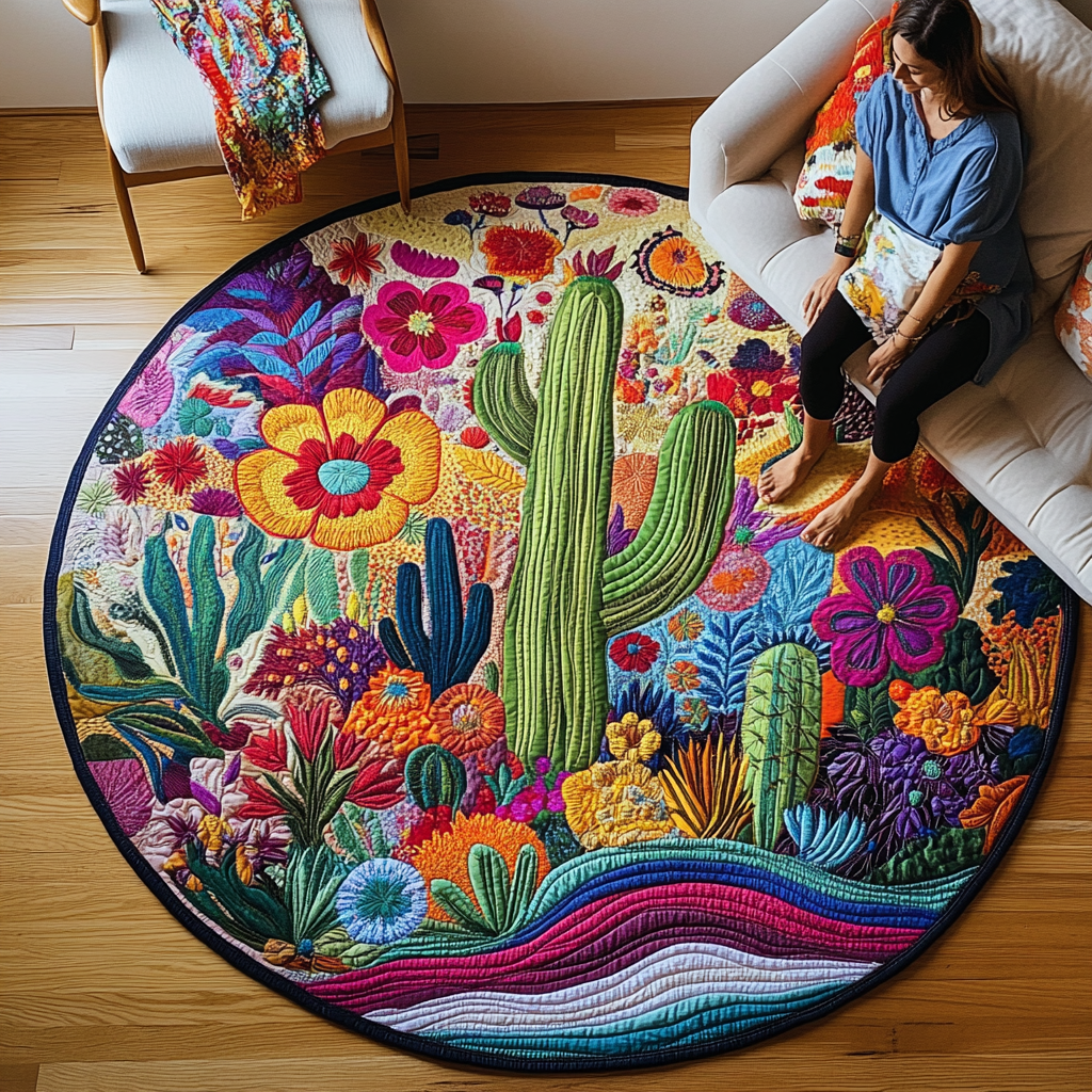Succulent Nature Escape Quilted Round Mat Unique Front Door Decor Unique Cactus Gifts