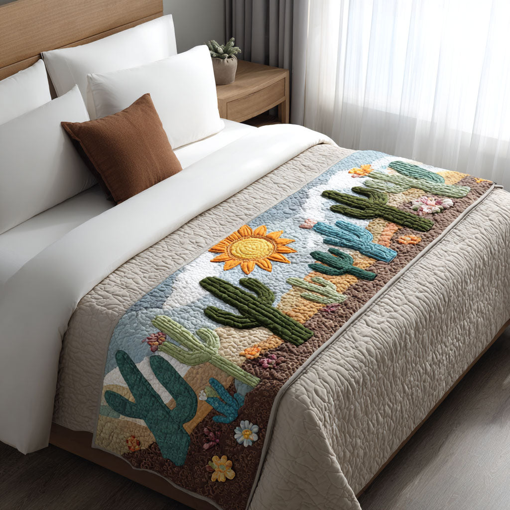 Succulent Sunrise Quilted Bed Runner Bedroom Decor Cute Cactus Gifts