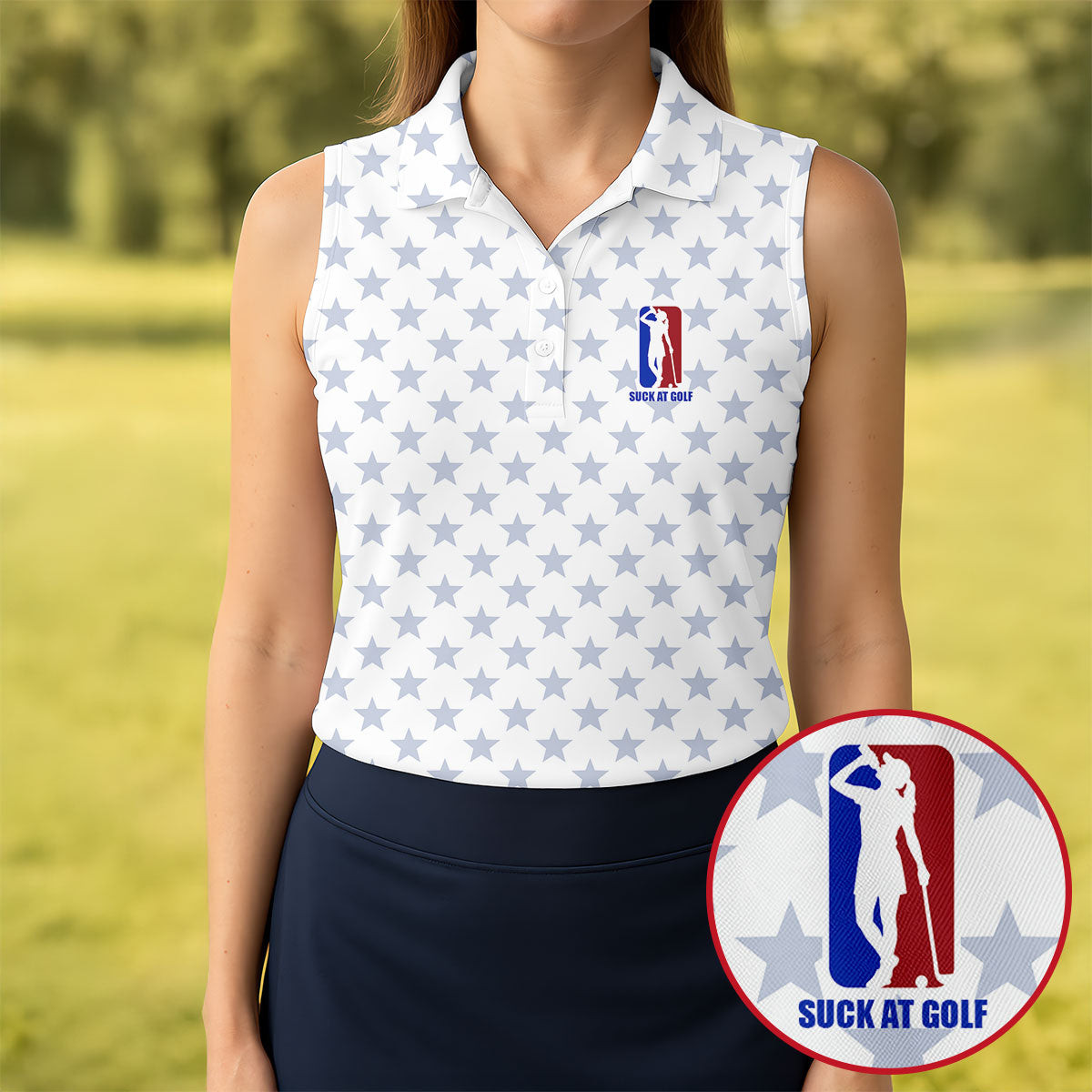 Suck At Golf Patriotic 4th Of July Sleeveless Polo Shirt Golf Clothes Golf Gifts For Her