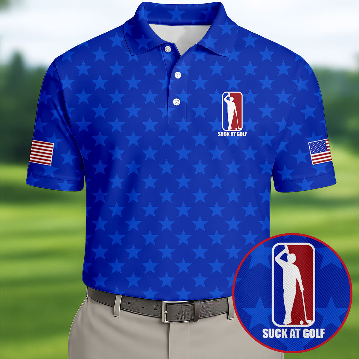 Suck At Golf US Flag Polo Shirt Stars Pattern Men's Clothing Golf Gifts For Dad