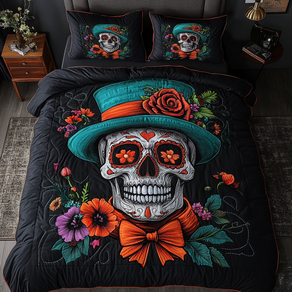 Sugar Bloom Quilted Bedding Set Cool Bedroom Decor Unique Skull Gifts For Him