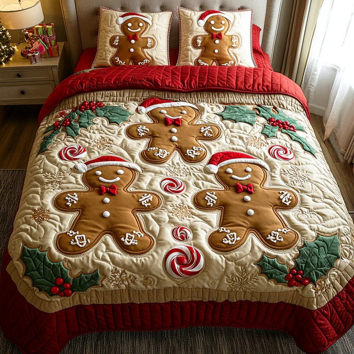 Sugar Cottage Holiday 3-Piece Quilted Bedding Set Christmas Gingerbread Bedspread Best Xmas Gift
