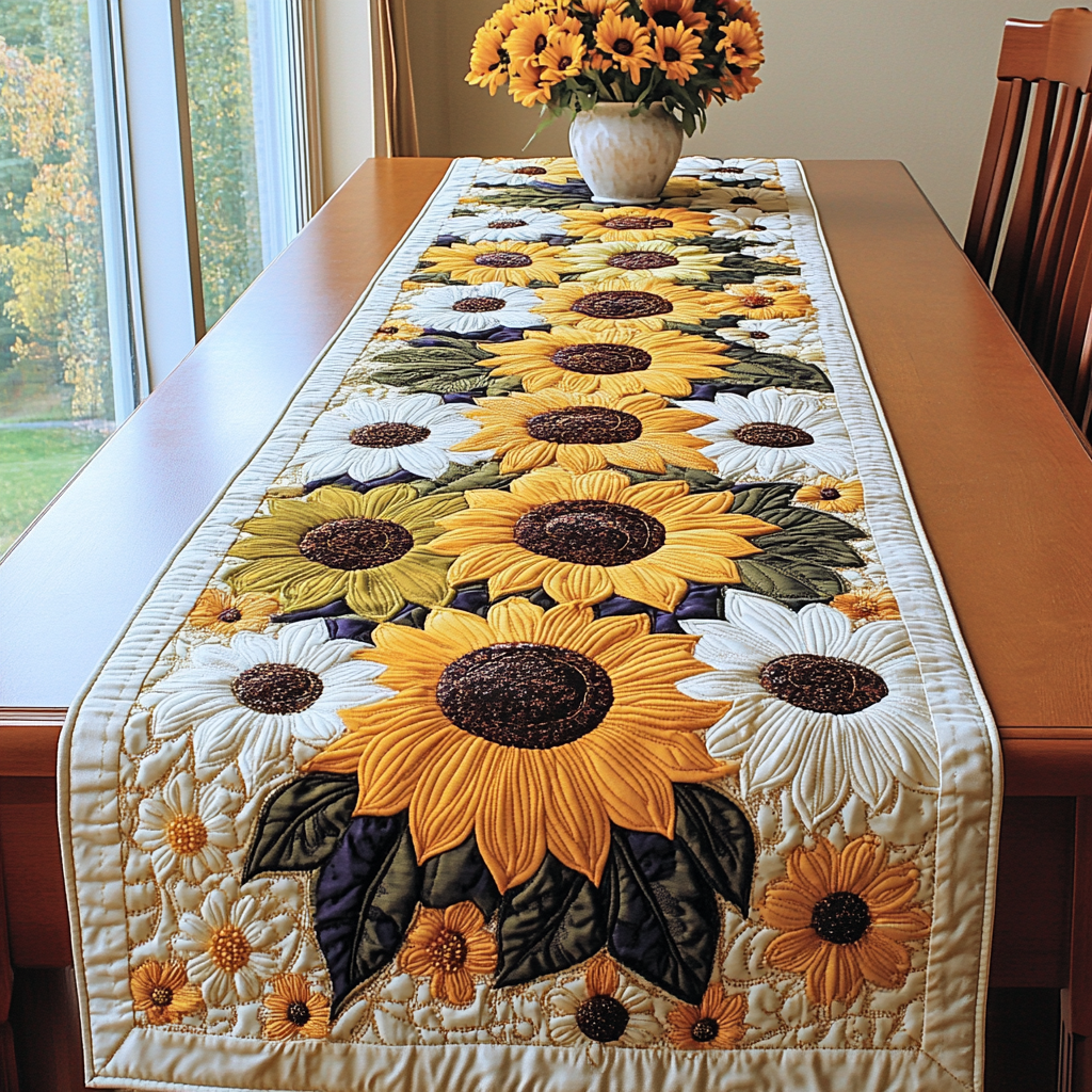 Summer Blooms Quilted Table Runner Yellow Floral Table Runner Dining Room Decor