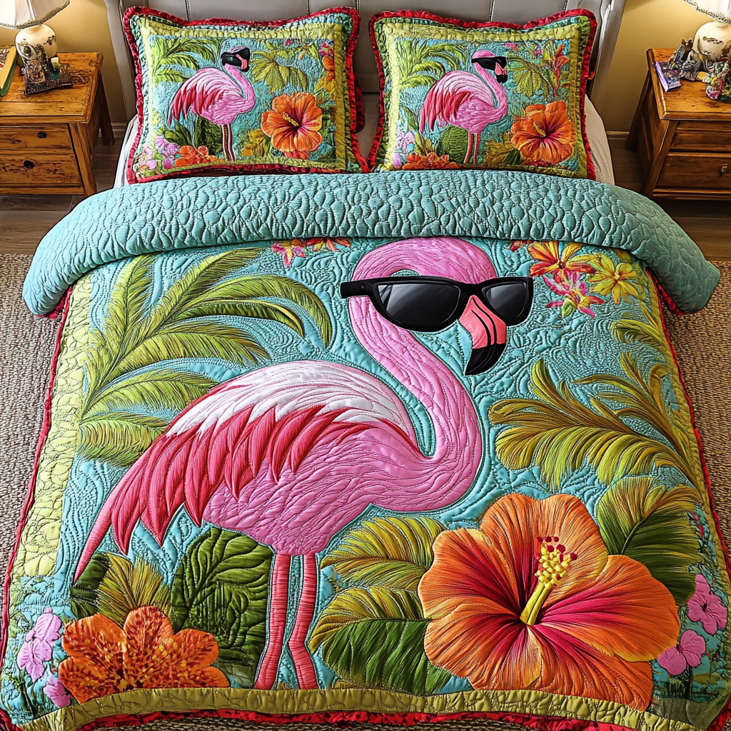 Summer Flamingo Quilted Bedding Set Aesthetic Room Decor Flamingo Teacher Gift