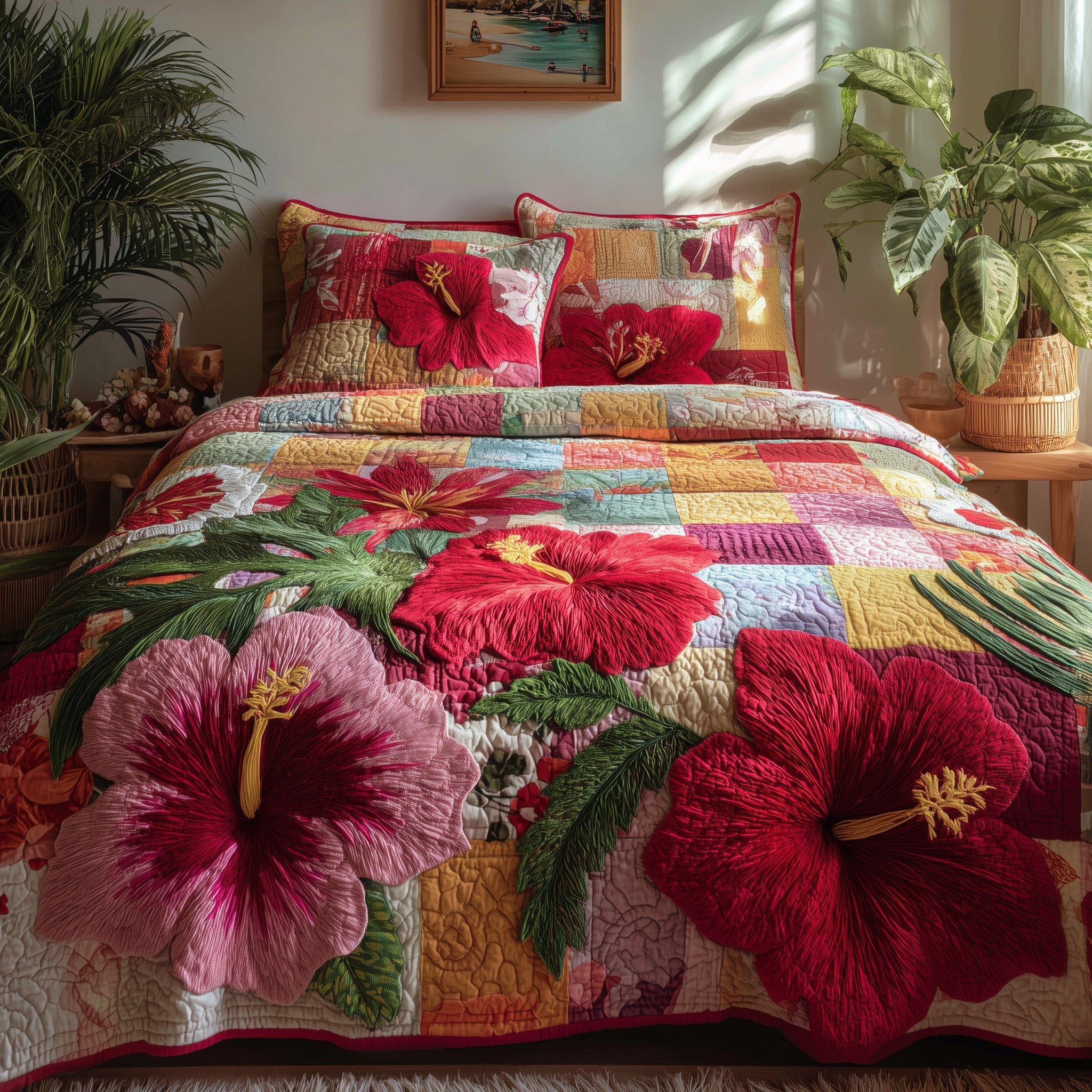 Summer Hibiscus Quilted Bedding Set Cotton Sateen