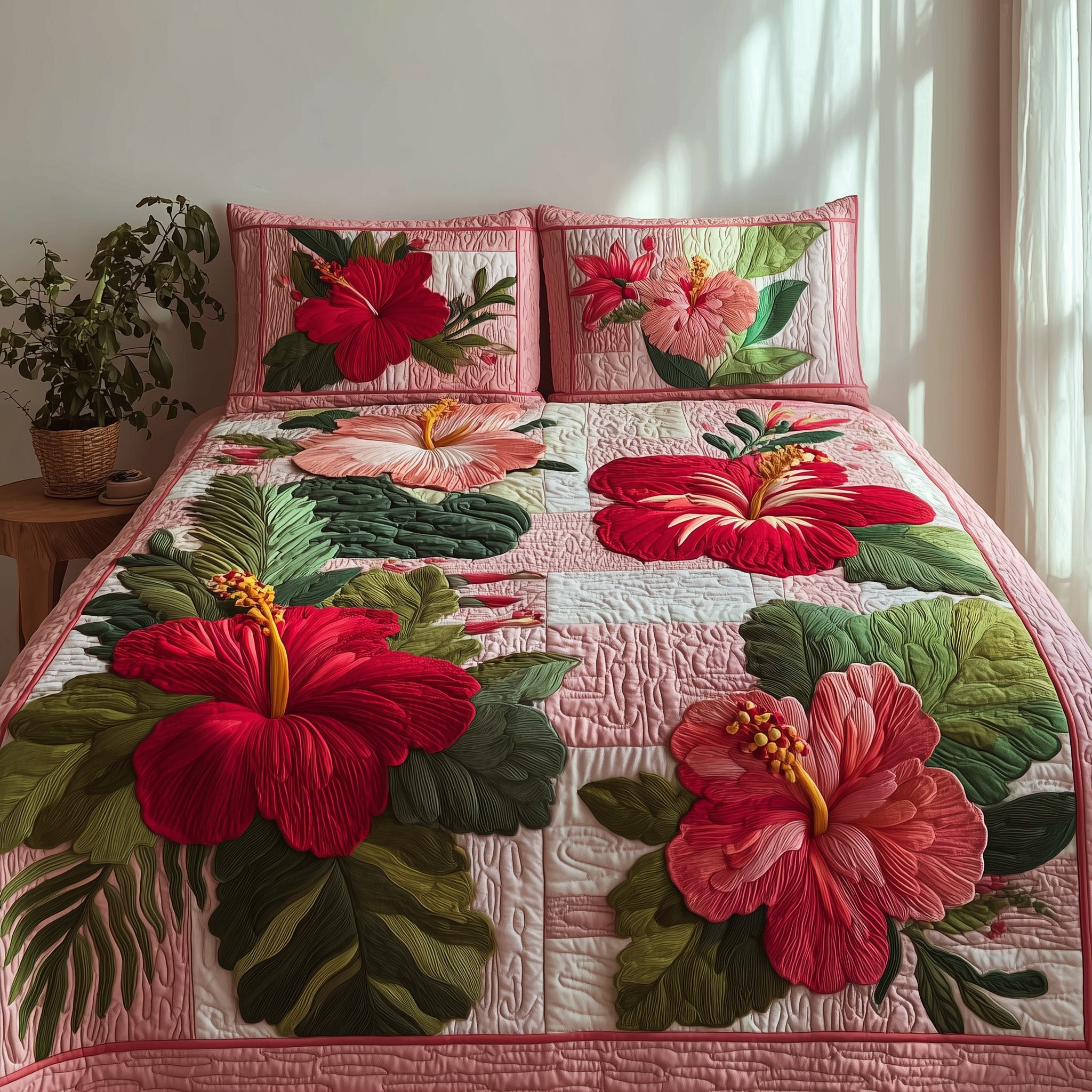 Summer Hibiscus Quilted Bedding Set Duvet Cover Bedspread Best Christmas Presents For A Woman