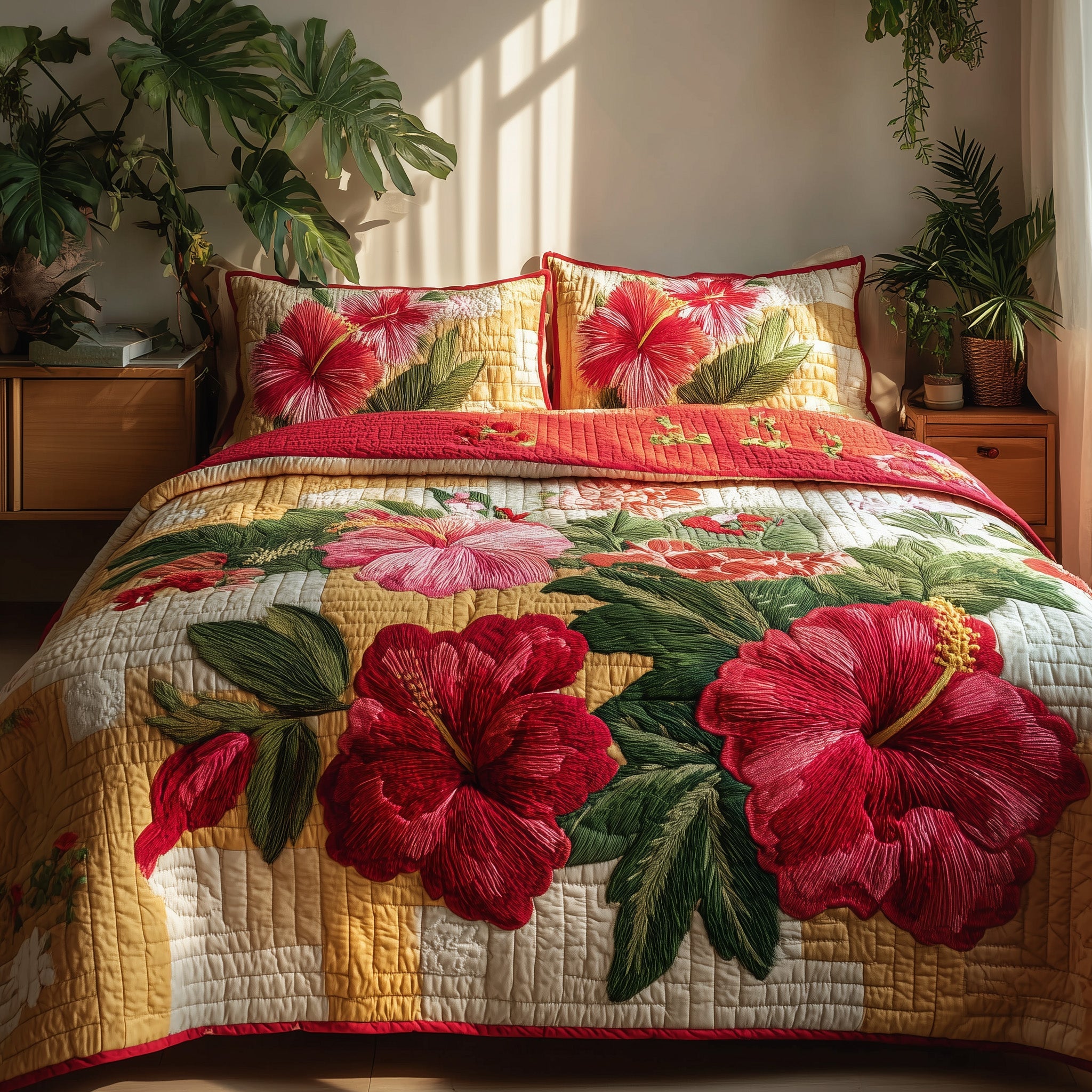Summer Hibiscus Quilted Bedding Set Duvet Cover Bedspread Great Christmas Present For Wife