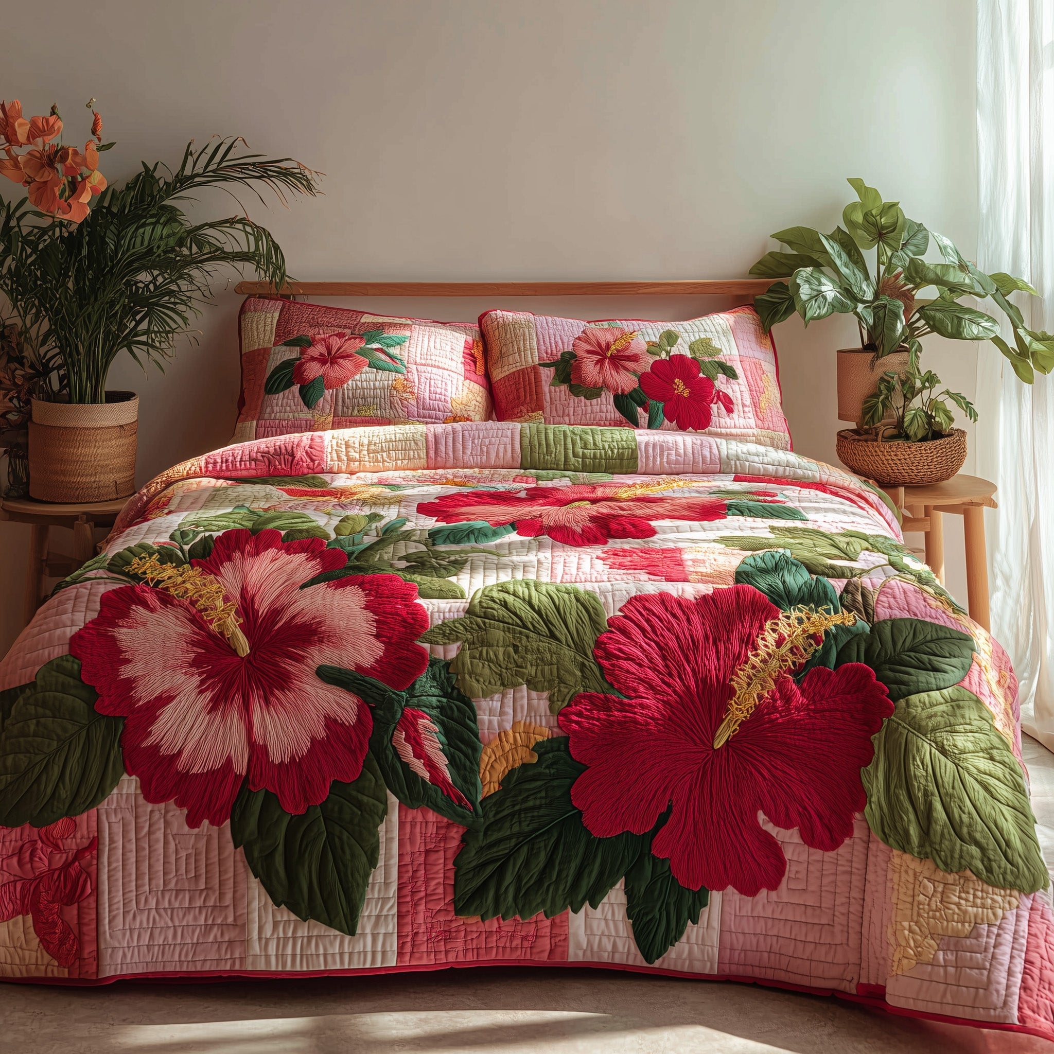 Summer Hibiscus Quilted Bedding Set Duvet Cover Bedspread Unique Women'S Gifts For Christmas