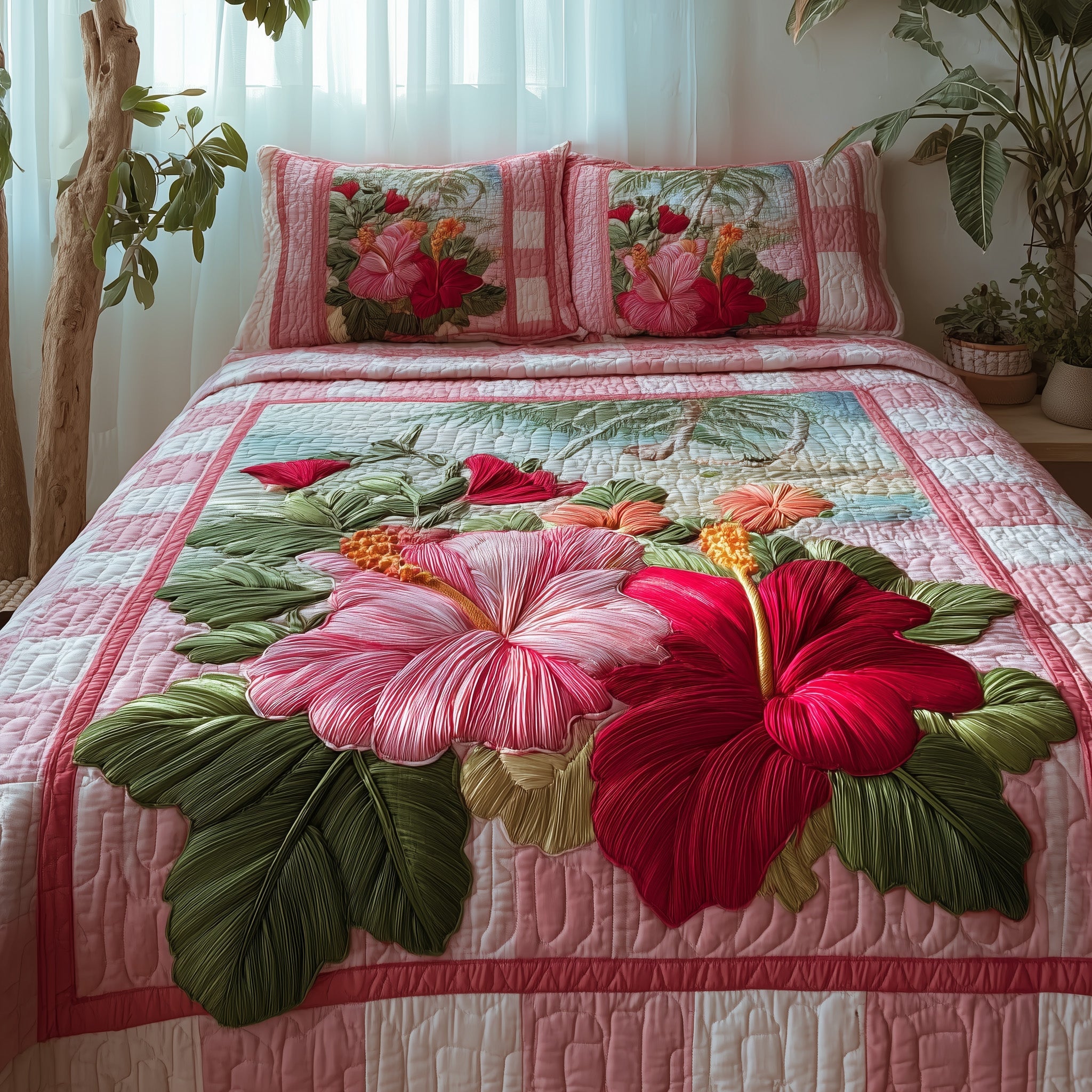 Summer Hibiscus Quilted Bedding Set Housewarming Gift