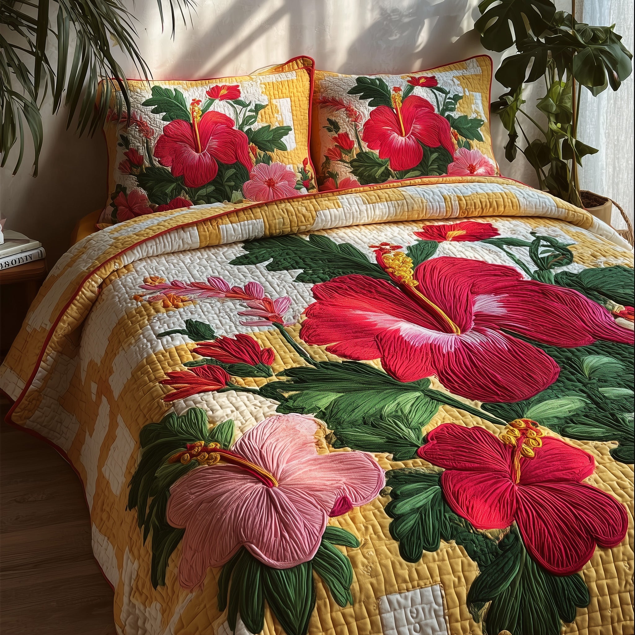 Summer Hibiscus Quilted Bedding Set Wedding Gift