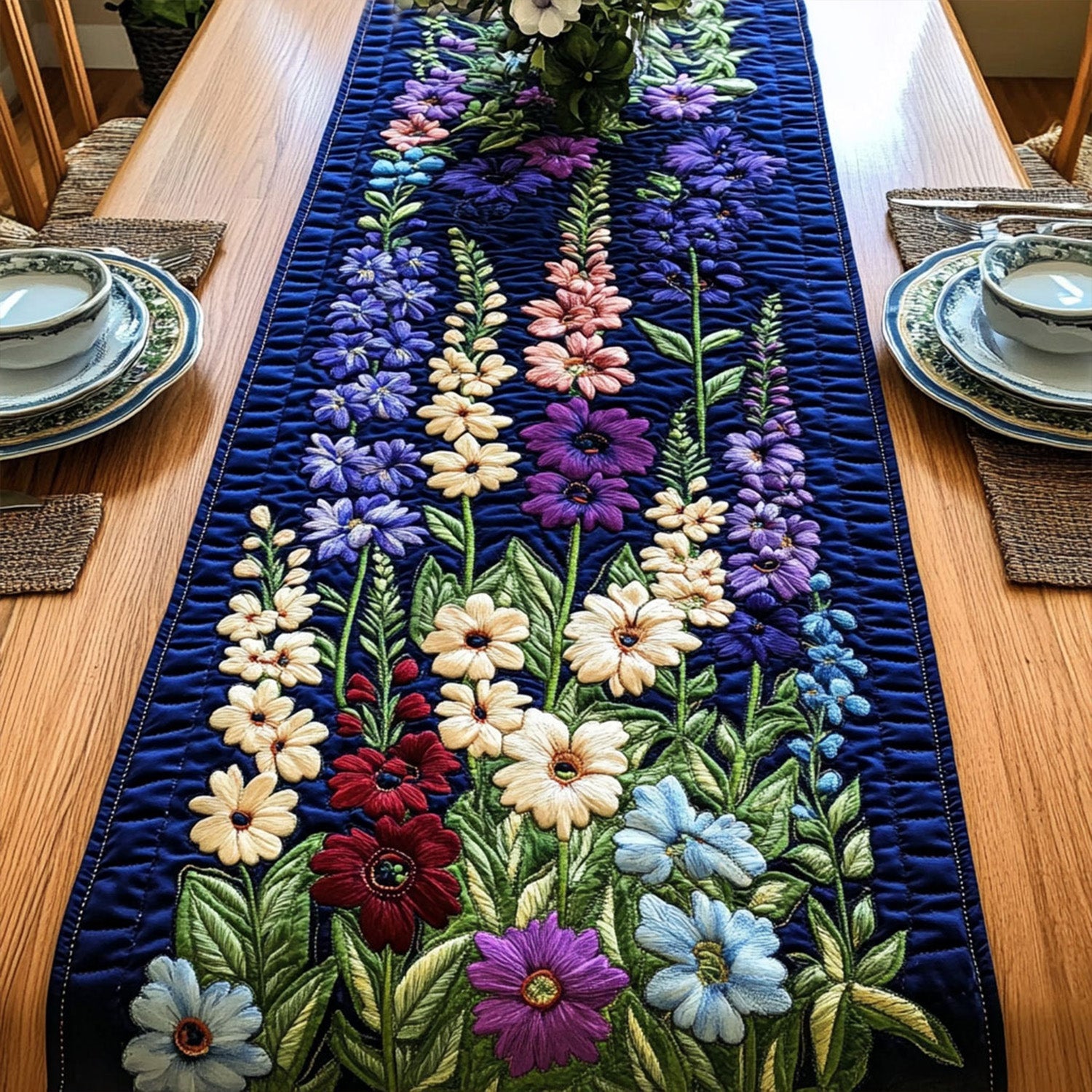Summer Larkspur Quilted Table Runner Dining Table Decor Ideas Christmas Floral Gifts