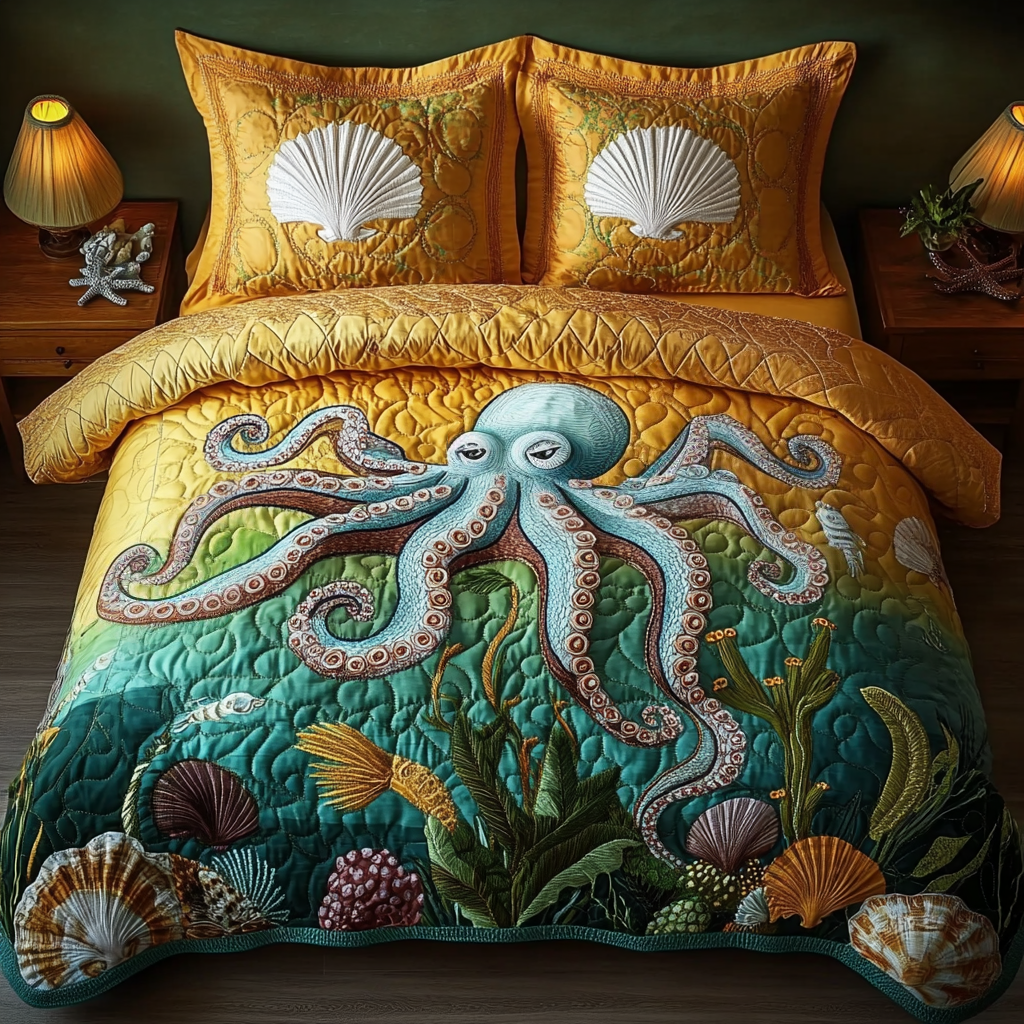 Summer Octopus Quilted Bedding Set Bedroom Decor Unique Octopus Gifts